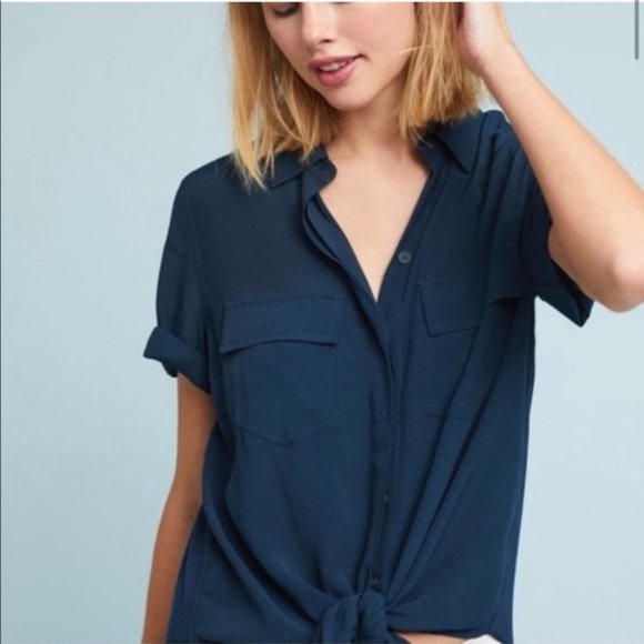 Anthropologie Tops - Anthropologie Navy Tie Front Porridge Top - large